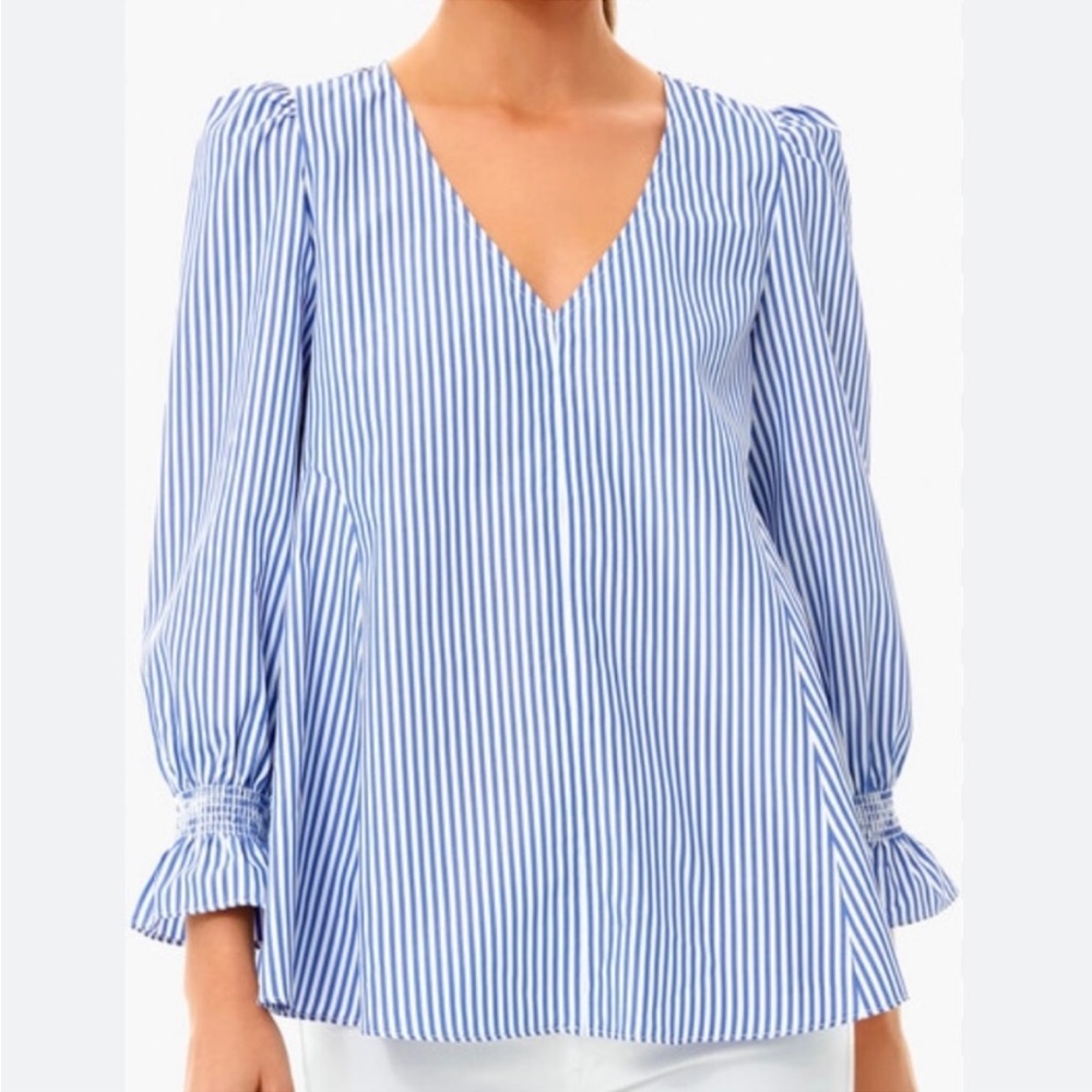 Women's Blue & White Striped V-Neck Blouse